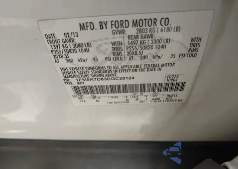 2013 Ford Explorer Xlt from USA, damaged, VIN 1FM5K7D83DGC28124